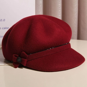 Elegant wine red wool newsboy cap with bow tie detail for women in stylish British style