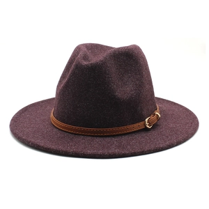 Chapeau Fedora en laine bordeaux à bord plat avec ceinture en cuir marron