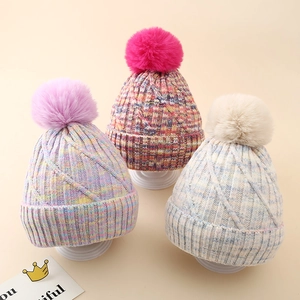 Kinder Winter Strickmütze Beanie Gradient Bunt Fleece Gefüttert Warm Skimütze Mit Kunstpelz Bommel Für Mädchen Jungen