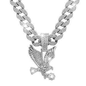 Iced out silver cuban chain necklace with diamond eagle pendant for men hip hop style