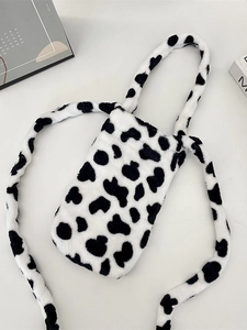 Cute Cow Print Plush Crossbody Bag Water Bottle Holder Mobile Phone Pouch Shoulder Purse For Women Students Travel