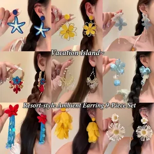 Flower Starfish Dangle Earrings Woven Fabric Alloy With Silver Earring Post Summer Vacation Bohemian Style Women