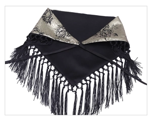 Detail of black silk tassel belt featuring intricate gold and silver rose embroidery