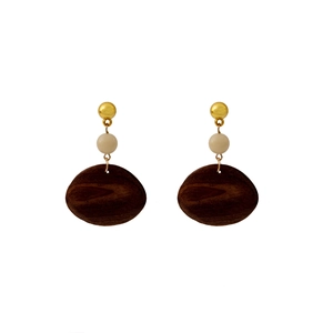 Geometric wood drop earrings with gold studs and cream beads for a vintage look
