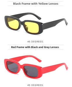 Detail view of vintage rectangular sunglasses in black-yellow and red-grey color options
