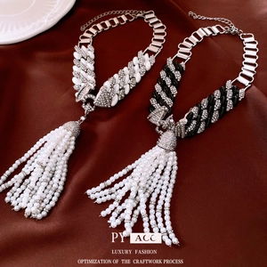 Vintage Luxury Faux Artificial Pearl Tassel Necklace Alloy Rhinestone Fringe Statement Sweater Chain For Women Elegant Accessory