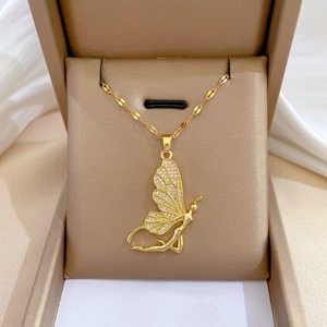 Butterfly Fairy Pendant Necklace Stainless Steel Chain Copper Zircon Micro Pave Elegant Jewelry For Women