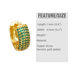 Detail view of 18K gold plated copper earrings with green zircon and size dimensions