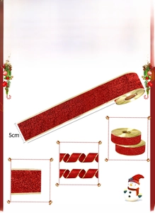 Detalle de cinta roja brillante de 5cm con borde dorado para decoración navideña