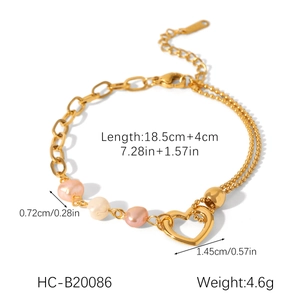 Detail showing dimensions of gold heart and pearl bracelet with 18.5cm length and OT clasp
