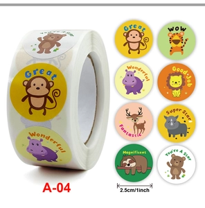 Detail view of cartoon animal reward stickers roll with 1-inch diameter and English slogans