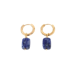 Geometric gold hoop earrings with square blue natural stone charms for a minimalist look