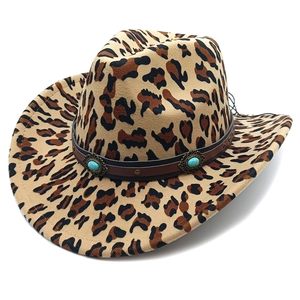 Detail of leopard print cowboy hat featuring turquoise stone belt and metallic studs