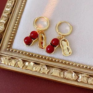 Peanut Drop Earrings Copper Gold Plated Red Glass Beads Silver Earring Post Retro Chinese Style Jewelry For Women