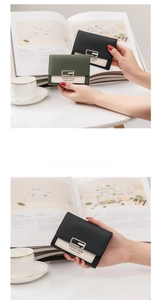 Close-up of mini PU leather wallet with square metal buckle and contrast stitching