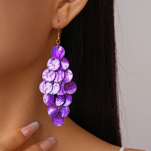 Dramatic purple shell sequin tassel drop earrings for bohemian beach vacation style