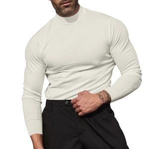 Men's slim fit cream white long sleeve turtleneck thermal base layer t-shirt