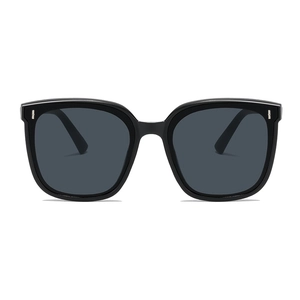 Classic black square sunglasses with dark grey lenses and metallic temple accents