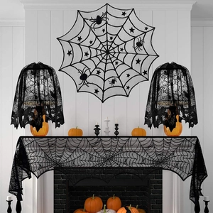 Black lace Halloween fireplace decor set with spider web table runner and lamp covers