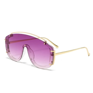 Modern oversized shield sunglasses with purple gradient lenses and gold metal frames