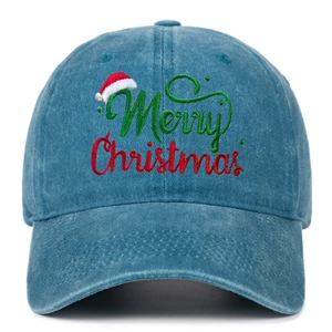 Detailed front view of washed blue baseball cap with Merry Christmas embroidery motif