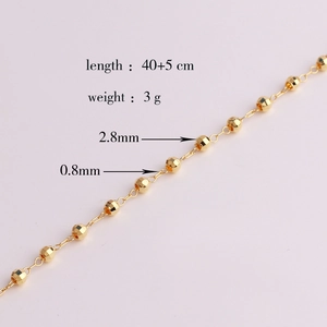 Detail view of 18k gold plated copper chain necklace with 2.8mm beads and size specs