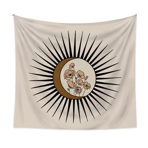 Beige boho tapestry with sunbeams, crescent moon, and floral line art for wall decor
