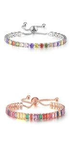 Detail of colorful tennis bracelets with adjustable slide clasps in silver and rose gold