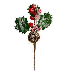 Artificial Christmas pine needles branch with red berries and frosted pinecone decor