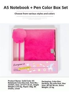 Close-up of A5 pink plush notebook set with pom-pom pen in a unicorn themed gift box