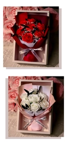 Close-up of red and white soap rose bouquets in a premium gift box with Just For You ribbons
