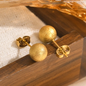 Frosted golden stainless steel ball stud earrings for women with matte textured finish