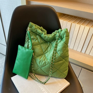 Chic grass green quilted nylon hobo bag with chain strap and matching pouch set