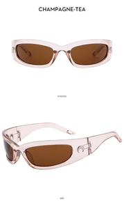 Detail view of champagne Y2K sports sunglasses with silver crescent moon logo and tea lenses