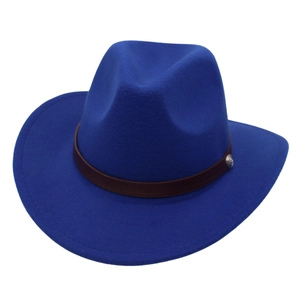 Royal blue western cowboy wool felt hat with brown leather band and silver buckle
