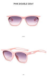 Front and side views of pink square children's sunglasses with purple gradient lenses