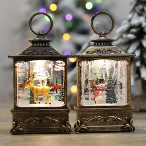 Vintage bronze Christmas lantern with reindeer and snowman scenes and hanging ring
