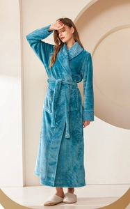 Detailed view of thick blue flannel bathrobe with textured lapels and waist tie design