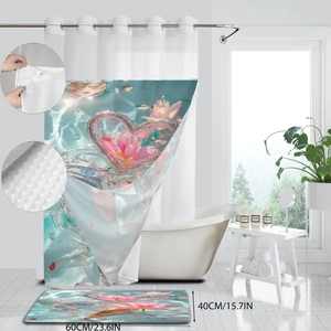 Duschvorhang und Badematte Set mit rosa Lotusblüten-Herzmotiv, wasserfest und rutschfest