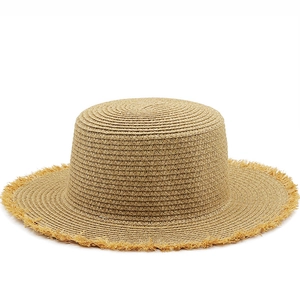 Women Boater Hat Paper Straw Sun Protection Wide Brim Frayed Edge Summer Beach Travel Vacation Flat Top