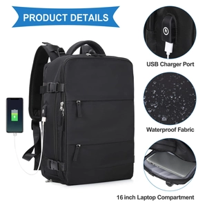 Detail of laptop backpack showing external USB port and 16-inch laptop compartment