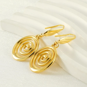 Modern gold-plated stainless steel earrings with intricate swirl design in oval frame