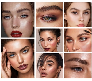 Collage of close-up makeup effects showing eyebrow styling and eye makeup details