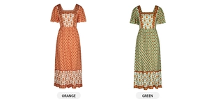 Detail view of square neck floral maxi dresses in orange and green bohemian print