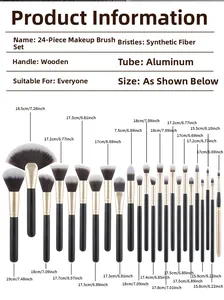 Detailed size chart for 24-piece professional black and gold makeup brush set dimensions