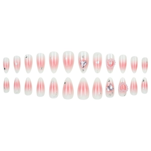 Unghie finte a mandorla sfumate rosa con stelle d'argento e strass a cuore 3D