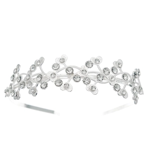 Elegant silver metal headband featuring vine designs with heart leaves and rhinestones