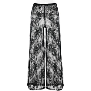 Close-up of intricate floral lace patterns and sheer fabric on high-waist black pants