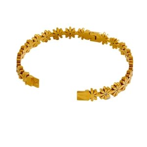 Elegant gold stainless steel daisy bangle featuring crystal floral accents and a secure clasp