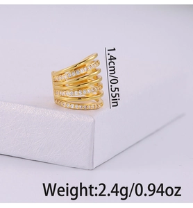 Detailed macro view of 1.4cm multi-layer gold ear cuff with zircon inlay and dimensions